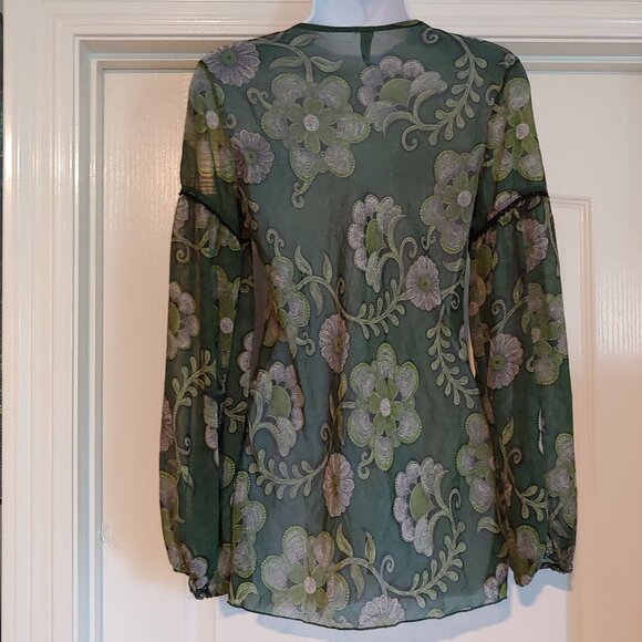 Ing Y2K Boho Sheer Floral Green Flowy Long Puff Sleeve Top M Hippie - Picture 9 of 14